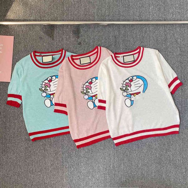 

2022 factory wholesale new 21 summer g family color contrast embroidery blue fat round neck cartoon funny short sleeve t-shirt blouse, White