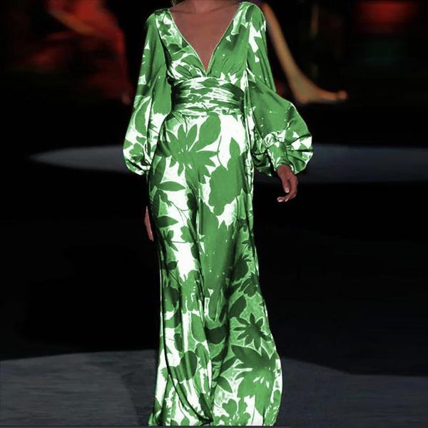 

womens dress vintage new high waist multicolor v neck woman summer dresses 2020 fashion lantern sleeve printed women long dress, Black;gray