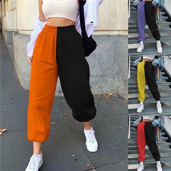 

women fashion elastic waist color block pants ladies female stylish pants daily women harem korean sweatpants streetwear, Black;white