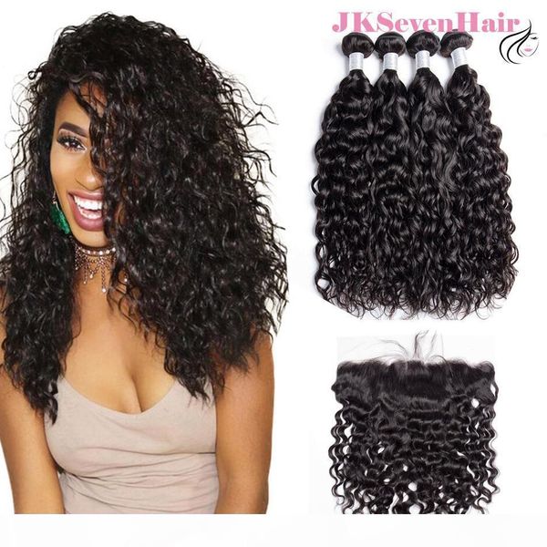 

12a grade virgin brazilian water wave human hair extensions 4pcs with 13x4inch lace frontal malaysian peruvian indian hair weaves, Black