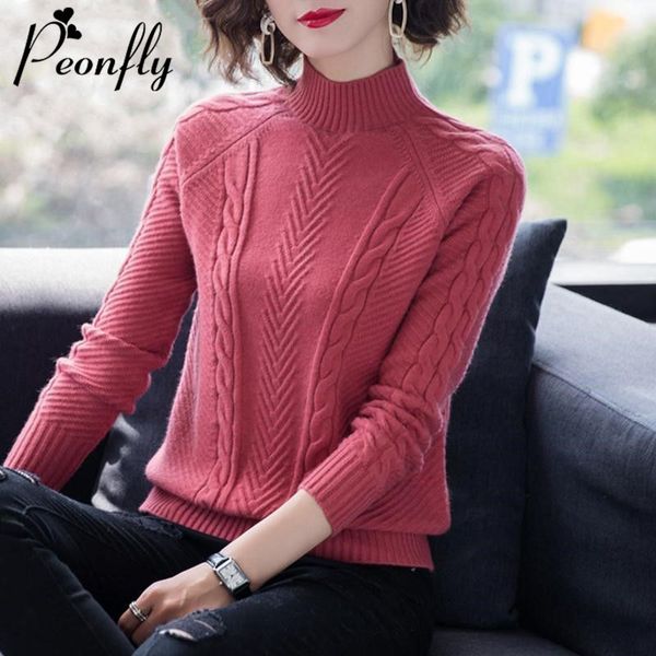 

peonfly new autumn winter women knitted turtleneck sweater casual soft jumper fashion slim femme elastic pullovers ladies 201030, White