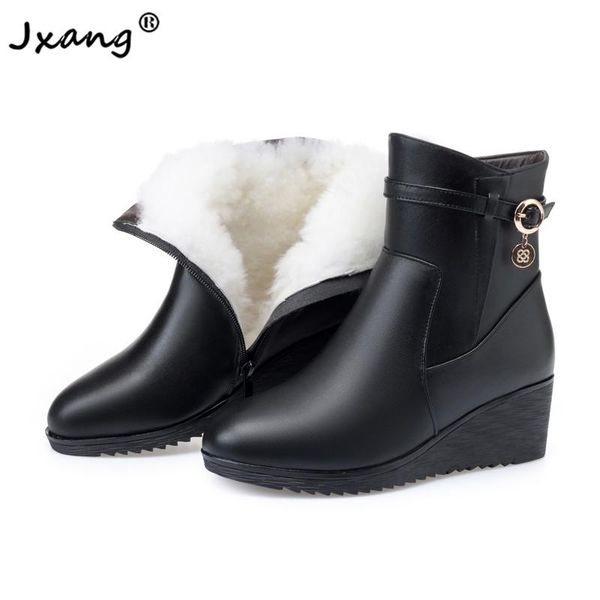 

jxang new all wool women genuine leather snow boots warm wedge bottom platform warm shoes ankle boots plush winter high quality, Black