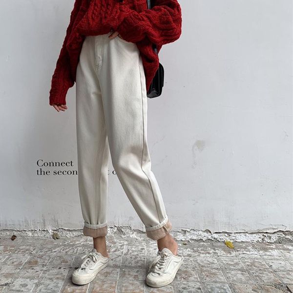 

new autumn warm fleece jeans high waist straight jeans women streetwear jean femme 100% cotton, Blue