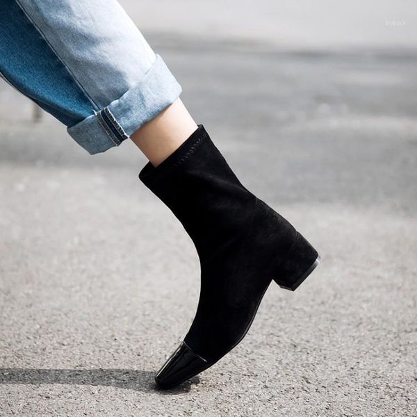 

boots big size 9 10 11 12 women shoes ankle for ladies woman winter mosaic color sleeve square head1, Black