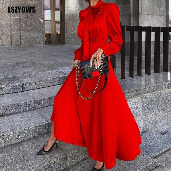 

women red satin dress elegant bow tie neck long sleeve high waist maxi dress christmas long evening party dresses vestidos robes1, Black;gray