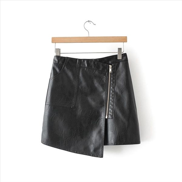 

2021 autumn winter women fashion a line faux leather pu mini empire skirts female black asymmetrical pocket high waist skirt