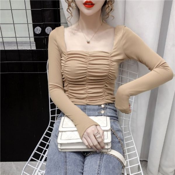 

dv2cz autumn 2020 long fashion fashionslim body show t-shirt women square collar new sleeve cotton bottomed t-shirt short slim ins trend 5ui, White