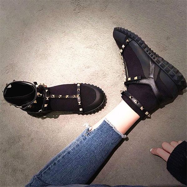 

shoes woman boots 2020 rivets design women boots black combat botines breathable runway socks booties slip on ankle botas mujer