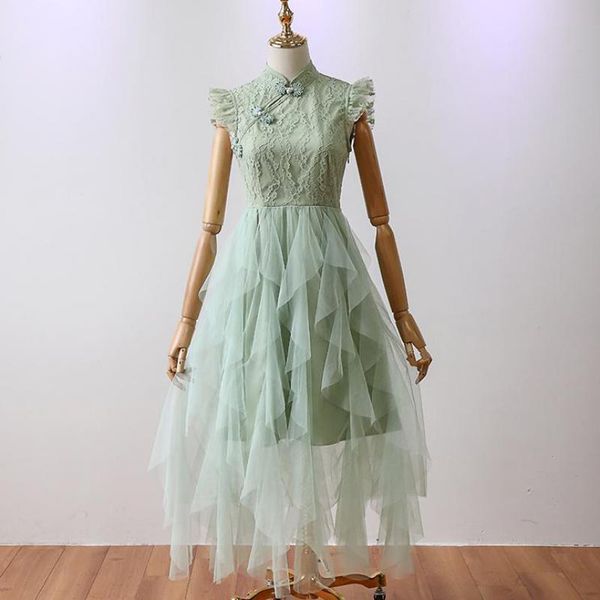 

A-line Tea-length Lace Vintage Green Pink White Traditional Chinese Style Women Elegant Lace Bridesmaid Dresses Cheongsam Dress