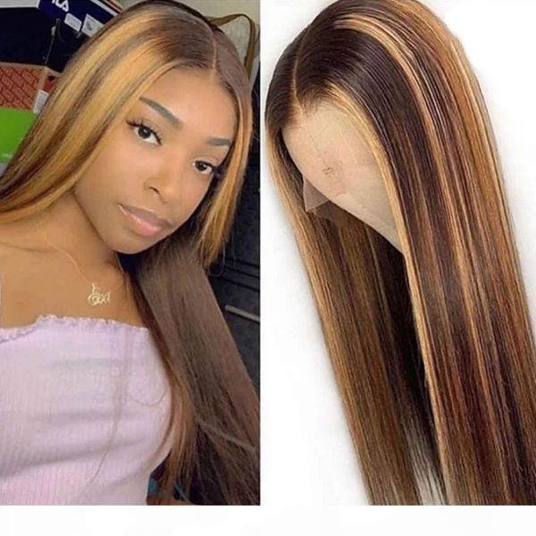 

ombre human hair wig highlight 4 27 straight lace front wigs pre plucked baby hair peruvian remy brown honey blonde frontal wig 22inch, Black;brown