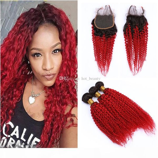 

dark roots red human hair weaves with 4x4 lace front closurekinky curly red ombre hair weaves with closure virgin brazilian human hair, Black