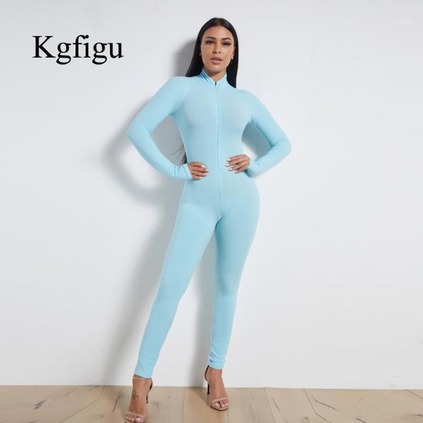 

kgfigu new arrival long sleeveless fitness front zipper sky blue smooth material o-neck women jumpsuit1, Black;white