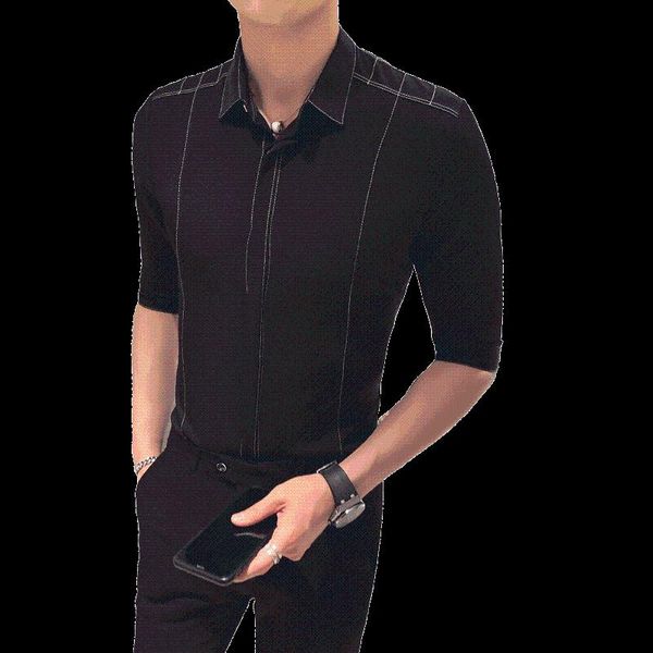 

2020 new men's korean version of the trendy handsome non-iro stitching shirt men's casual handsome slim sleeve shirt, White;black
