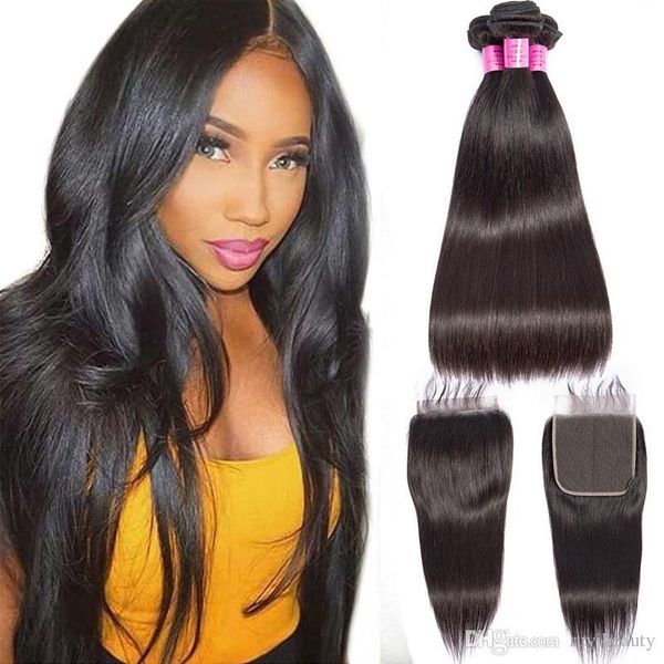 

malaysian human hair extensions 3 bundles with 6x6 lace closure straight bundles with six by six closure natural color 8-30inch, Black;brown