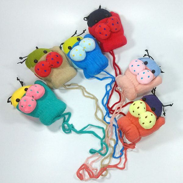 

cartoon beetle gloves cute hanging neck gloves winter double layer thickened warm baby mittens 7 colors 1-3 years old, Blue;gray