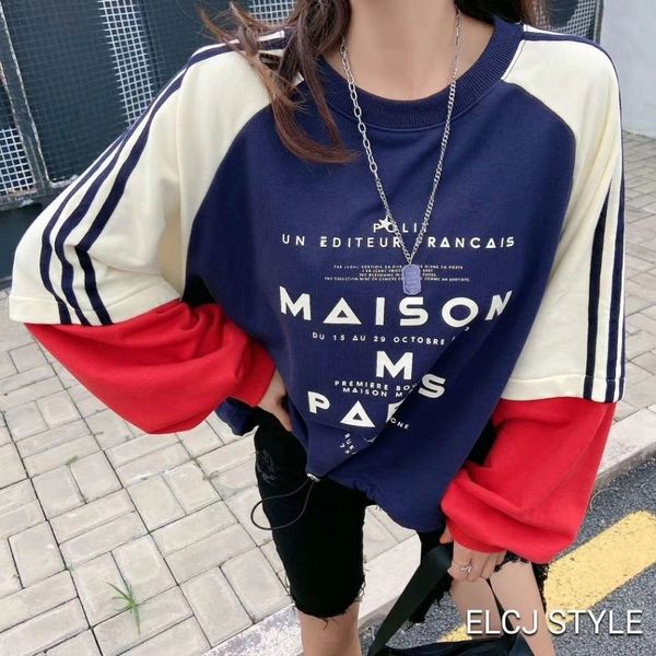 

hfuoj korean short pullover street color bar women's loose letter sweater pulloversweater pullover terry sleeve spring and autumn 1525, Black