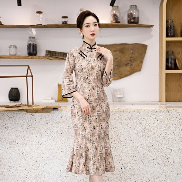 

glazed velvet long dress dresscheongsam dresssleeve fishtail cheongsam 2020 new improved dresswomen can wear chinese style everyday 9pcv9 9p, Black;gray