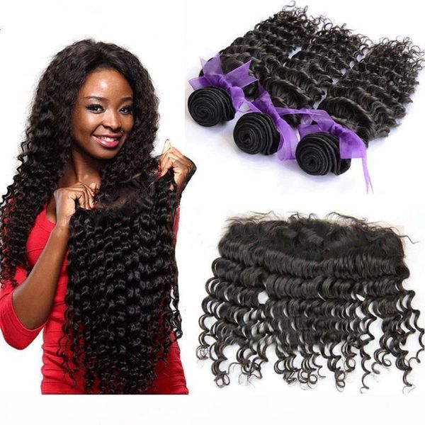 

2016 selling unprocessed 9a brazilian hair with lace closure middle three part deep wave lace frontal with 3 bundles, Black