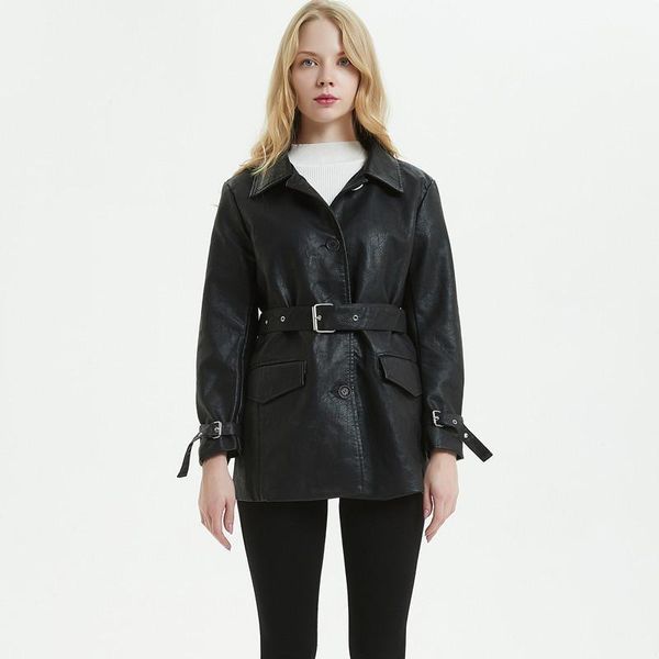 

autumn new leather women's single-breasted korean version of loose-fit biker jacket fashion casual lapel jacket1, Black