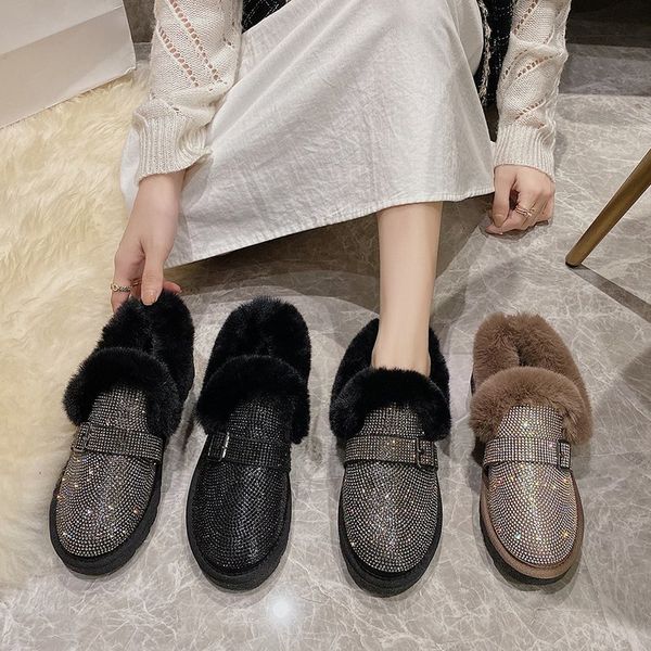 

large size rhinestone cotton shoes women's winter new style flat-bottomed round toe plush one-step outside casual cotton shoes, Black