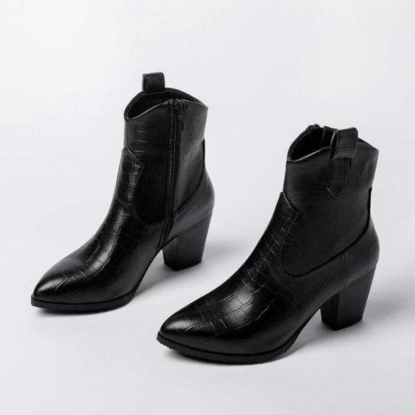 

stone pattern retro soft leather boots for women autumn winter boots1, Black