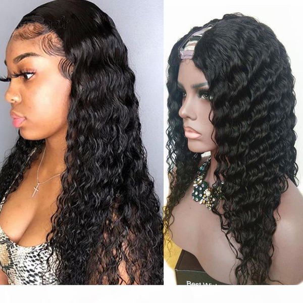 

water wave u part wig human hair for black women undetectable 180 density waterly curly human hair wig 10a brazilian virgin hair, Black;brown