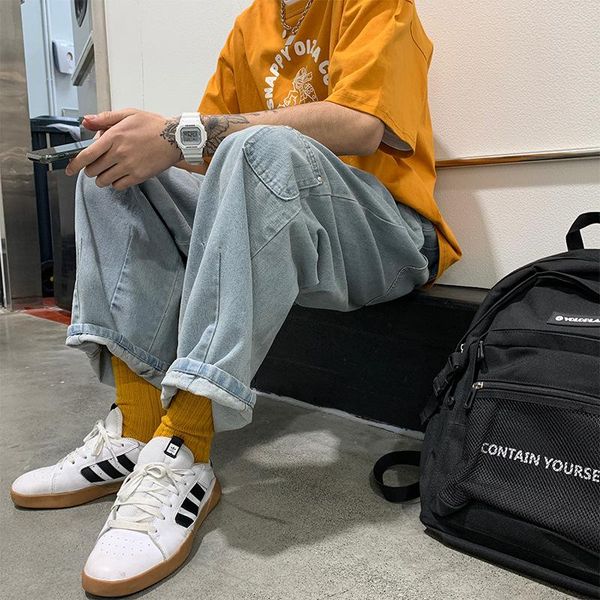 

k8229 2020 autumn japanese-style retro washed straight loose men bf wind light color jeans capri-pants, Blue