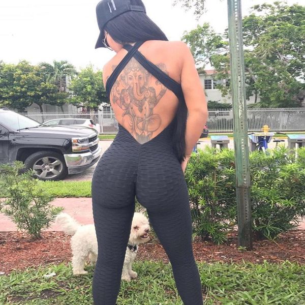 

black backless rompers jumpsuits women summer 2020 fitness suits push up bodysuit trousers anti cellulite leggings tight, Black;white