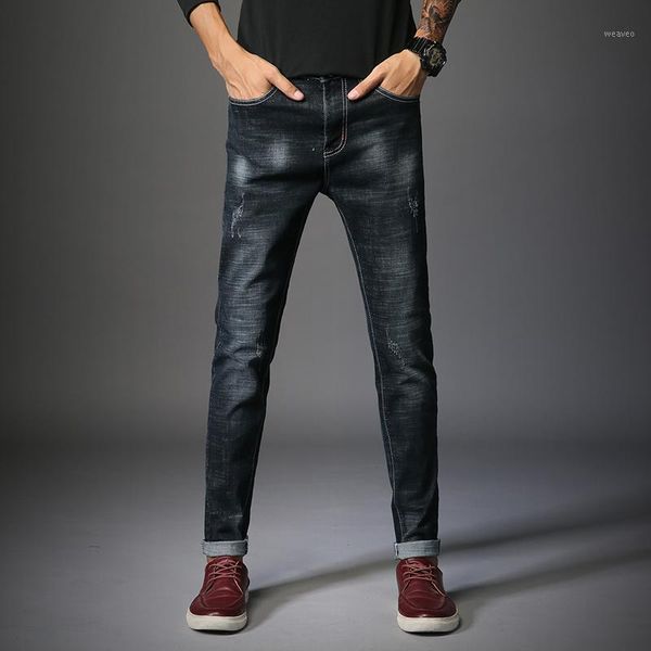 

men jeans 2020 new business casual slim fit full length black jeans male casual solid color classic pencil denim pant size 28 361, Blue