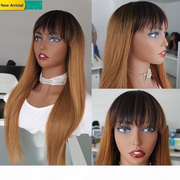 

blonde ombre human hair wig with bangs 1b 30 straight malaysian remy glueless wigs for black women colored non lace braided long wig, Black;brown