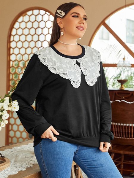

plus contrast guipure lace statement collar pullover r4vt#, Black