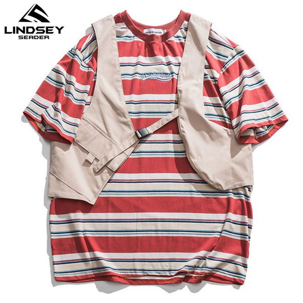 

tshirt men with small jacket harajuku 2020 japanese striped t-shirt cotton o-neck short sleeve boys streetwear tshirt tee 1021, White;black