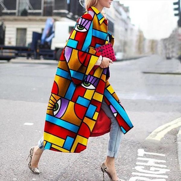 

elegant cool street fashion geometric color printed long jacket women coat celebrity oufits streetwear drop shipping, Black