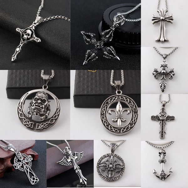 

europe and america fashion men retro animal skull necklace new arrival punk stainless steel cross pendant necklace party jewelry, Silver