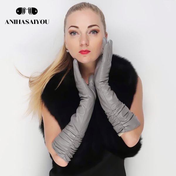 

selling female long leather gloves,sheepskin women' long gloves,dark gray winter long leather gloves women - 2081c 201104, Blue;gray