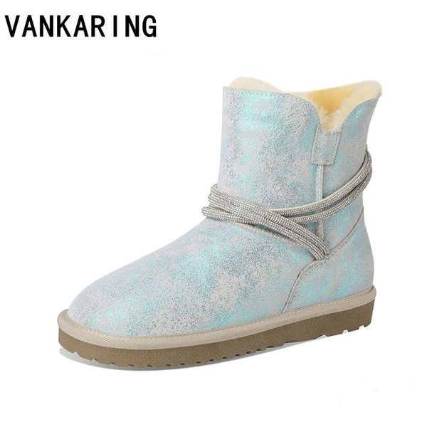 

luxury crystal buckle ankle boots for women winter snow boots genuine leather flats women's quality brand shoes plus size, Black