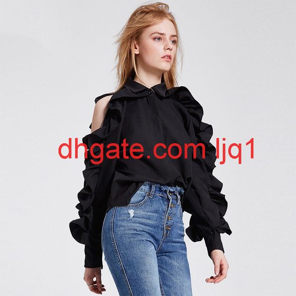 

europe and the united states cold wind ins girls black split ruffled shirt sleeves zipper shirt women, White