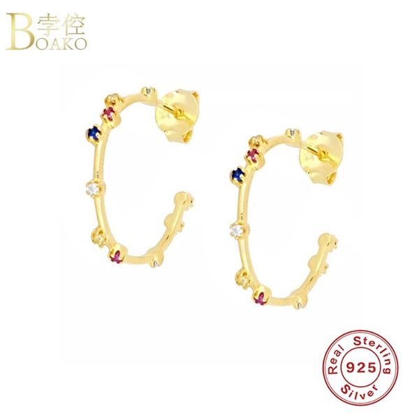 

stud boako s925 silver earrings for women pendiente piercing ohrringe rainbow zircon brincos aretes girl party jewelry, Golden;silver