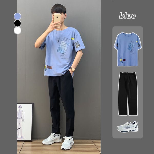 

2-piece trendy loose short for men's fashion brand versatile crew neck half sleeve t-shirt