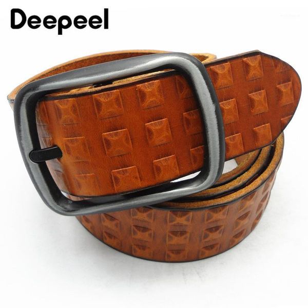 

deepeel 1pc 3.8*110-125cm men's geniune leather belts alloy buckle first layer cowhide waistband yb4561, Black;brown