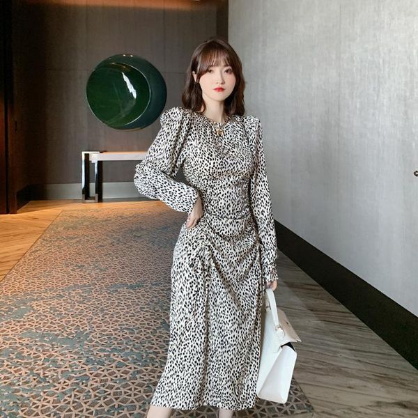 

korean style fashion 2020 autumn winter clothes streetwear long sleeve sheath midi retro ruched print leopard dresses for women1, Black;gray