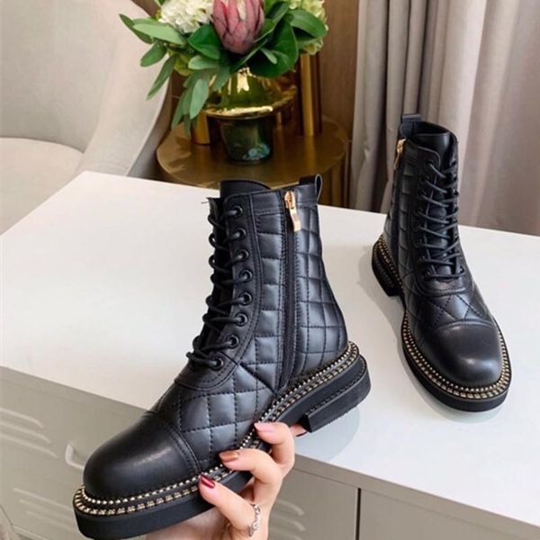 

women boots 2021 genuine leather women zapatos mujer chain lace up square heel fashion short boots size 35-41 winter shoes, Black