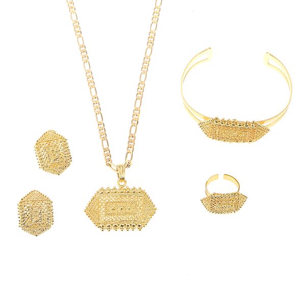

gold plated ethiopian necklace earrings ring bracelet eritrea habesha wedding jewelry sets, Black