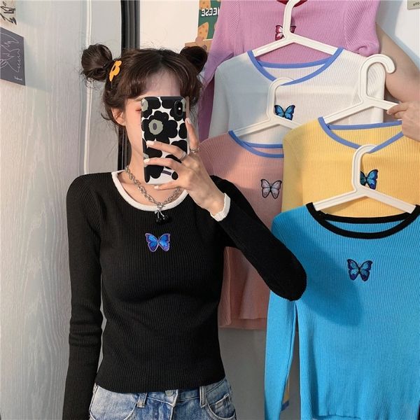 

new autumn 2020 net red short heart machine embroidered sweater long sleeve sweater female butterfly embroidery t-shirt ylyxk, White;black
