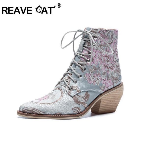 

boots reave cat handmade ankle women embroider fashion booties lace up autumn spring ladies shoes big size 34-43, Black