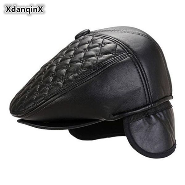 

berets xdanqinx winter middle-aged men's warm hat thick pu leather beret with ears snapback cap adjustable size earmuff for men, Blue;gray