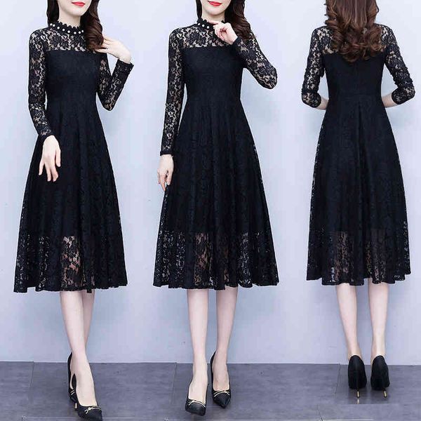 

casual dresses autumn large women's lace long sleeve dress foreign temperament aging broad lady slim over knee skirt zvp6, Black;gray
