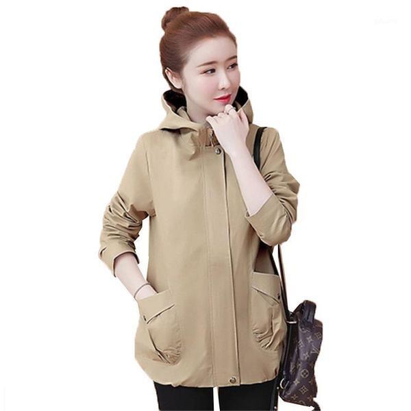 

women's windbreaker 2020 spring autumn casual jacket solid color middle-aged women's hooded zipper cotton loose coat k1361, Tan;black