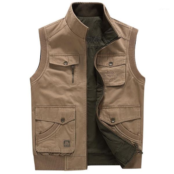 

men vest with multi pockets casual loose sleeveless jacket cotton regular coat solid zipper waistcoat men outwear plus size 8xl1, Black;white