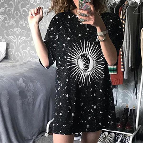 

лето tshirt harajuku сыпучие длинные женщины тенниска moon star printed вскользь тенниску женщин топы футболочку, White